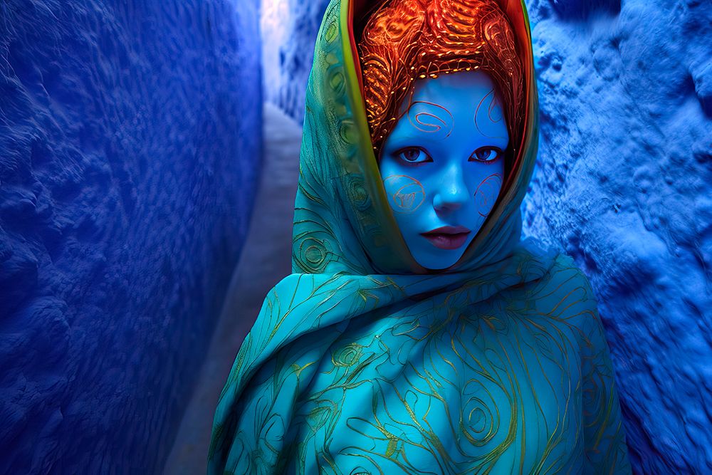 Fantasy of blue-faced woman in blue alleyway in Chefchaouen, Morocco. AI Generated.